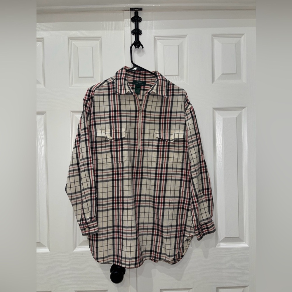 Ralph Lauren Women’s Gorgeous Red/Blk/Cream Plaid Long Sleeve Pull Over- Sz L